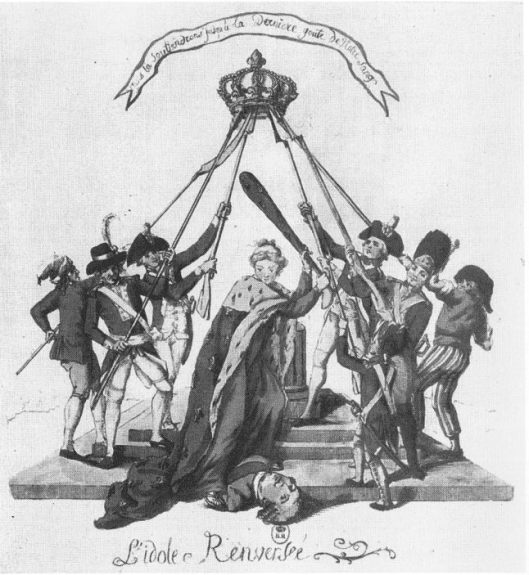 "The Idol Overturned." France, portrayed as a beautiful woman with robe of the Bourbon monarchy and armed with a club, appears triumphant over the fallen Louis XVI, while soldiers, members of the National Guard, and ordinary citizens hold the crown of France on high, a gesture suggesting the need for a new monarch. Etching with hand coloring in the original, 1791.
