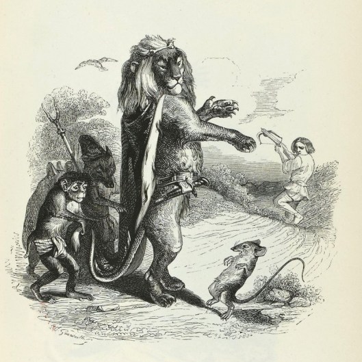 Grandville_-_Fables_de_La_Fontaine_-_02-12_et_02-11_._La_Colombe_et_la_Fourmi_-_Le_Lion_et_le_Rat